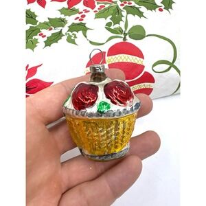 Vintage Hand Painted Blown Glass Woven Basket  Christmas Ornament Fruit
